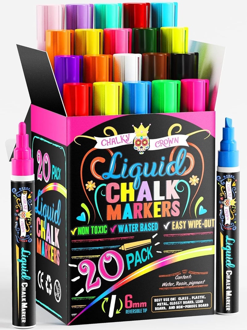 CHALKY CROWN Bold Chalk Markers - Dry Erase Marker Pens - Liquid Chalk Markers for Chalkboards, Signs, Windows, Blackboard, Glass - Reversible Tip (20 Pack) - (Multicolored, 6mm) - Image 1